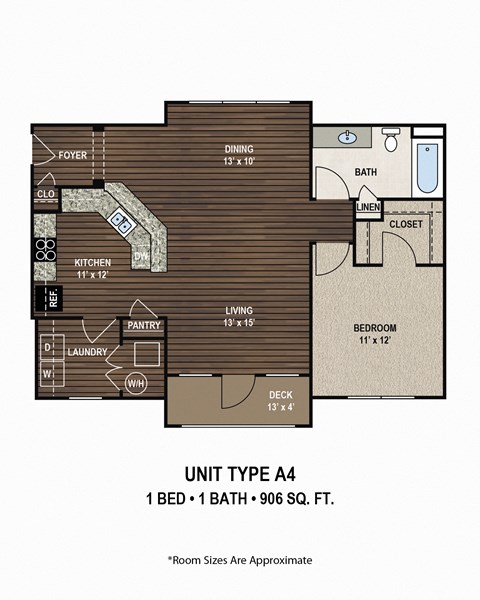 A floor plan of a small apartment with a bedroom, bathroom, and kitchen.